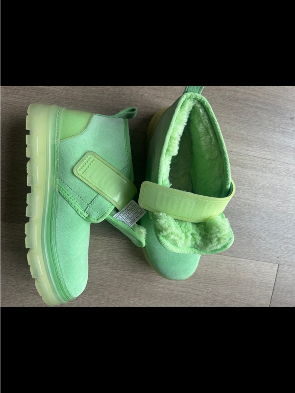 UGG Kids Neon Green Fleece-Lined Strap Boots